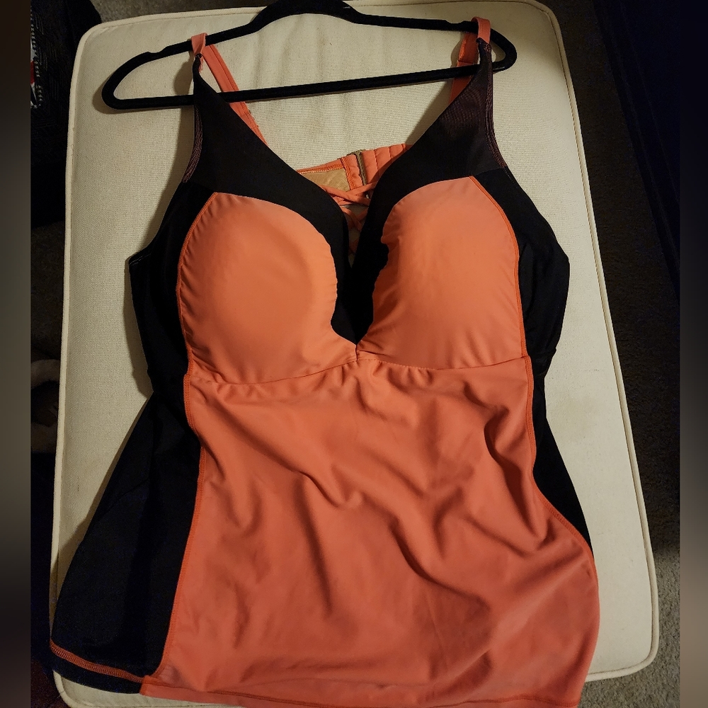 Women's coral and black tankini swim top